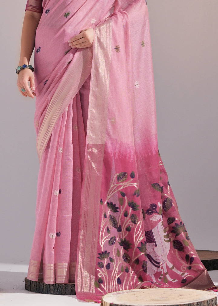 Shades Of Pink Muga Cotton Saree with Intricate Designer Pallu & Butti Weaves