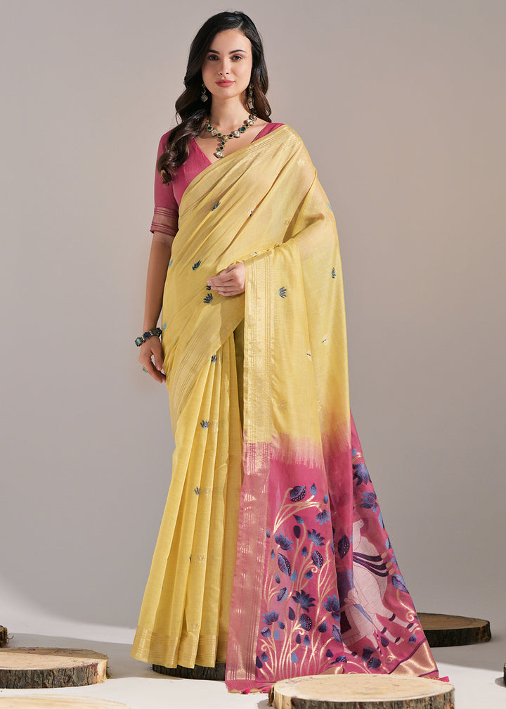 Lemon Yellow Muga Cotton Saree with Intricate Designer Pallu & Butti Weaves