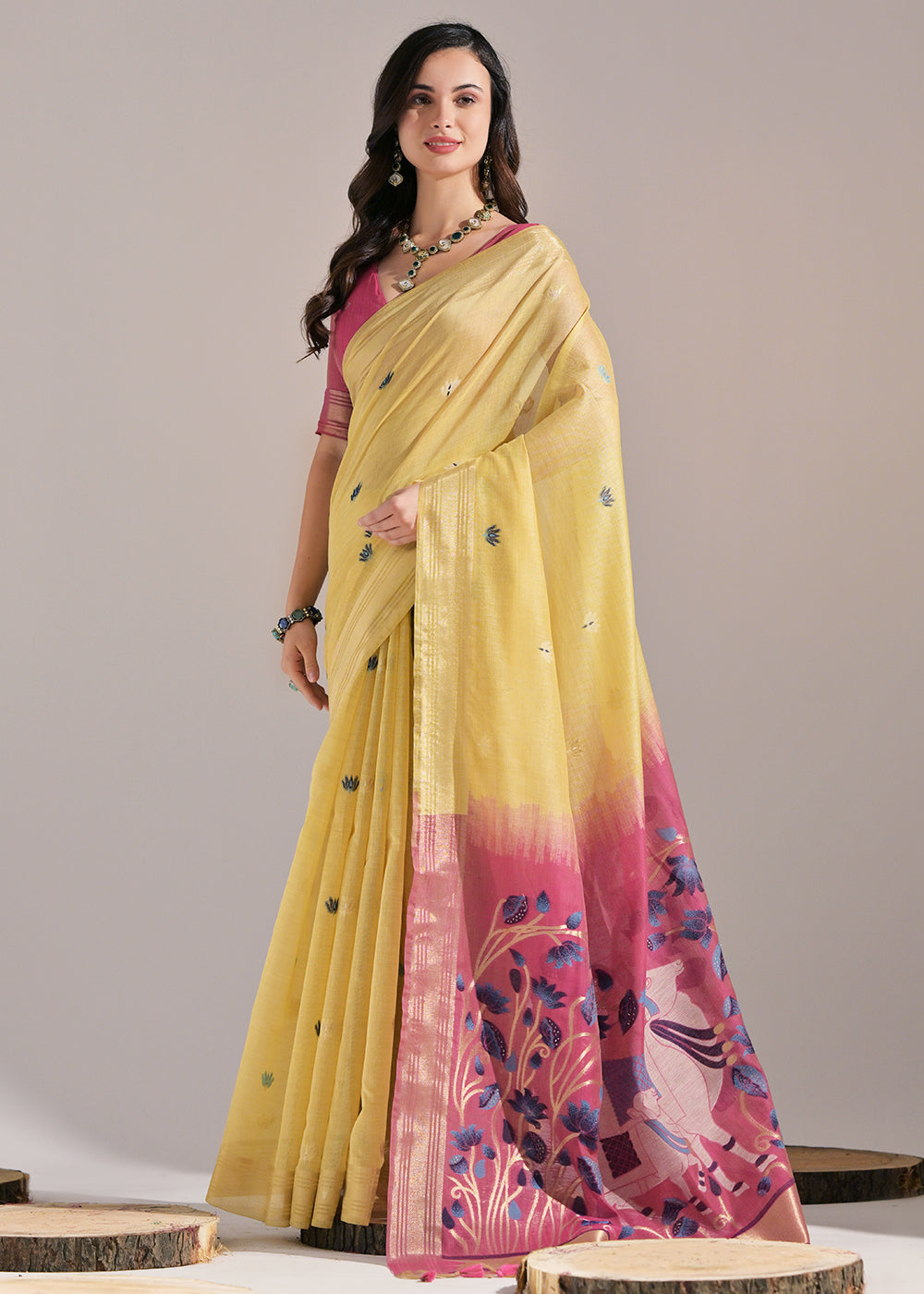 Lemon Yellow Muga Cotton Saree with Intricate Designer Pallu & Butti Weaves