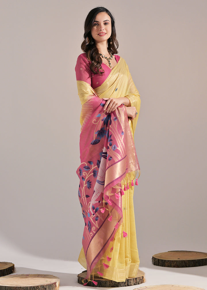 Lemon Yellow Muga Cotton Saree with Intricate Designer Pallu & Butti Weaves