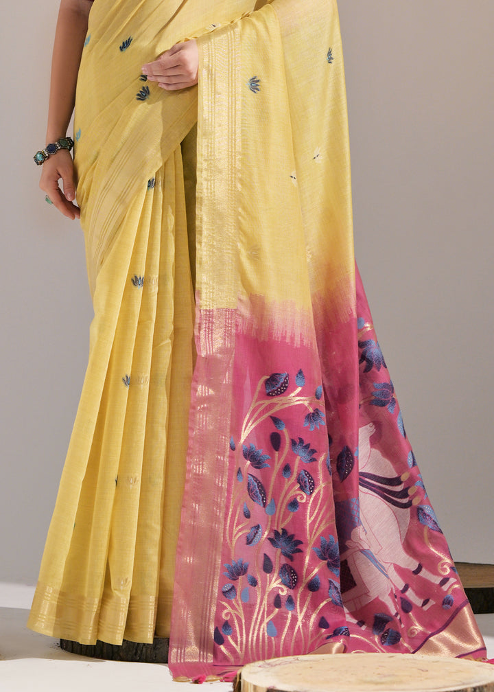 Lemon Yellow Muga Cotton Saree with Intricate Designer Pallu & Butti Weaves