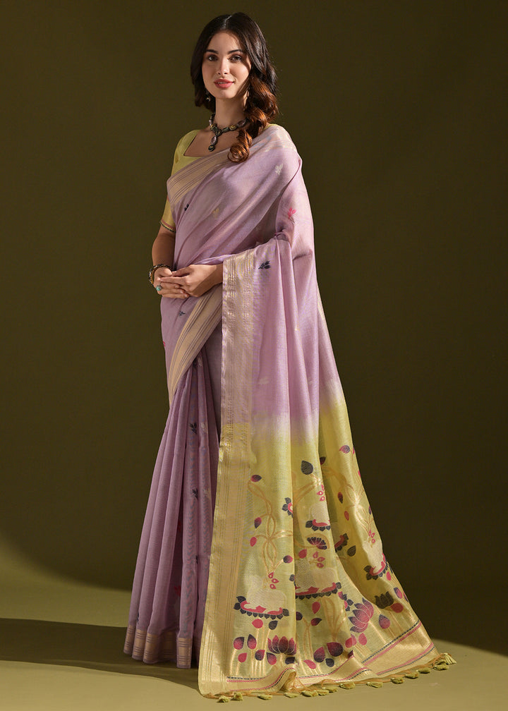 Lavender Purple Muga Cotton Saree with Floral Thread Woven Pallu & Butti Weaves