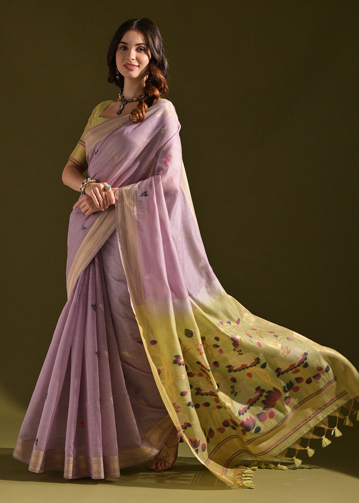 Lavender Purple Muga Cotton Saree with Floral Thread Woven Pallu & Butti Weaves