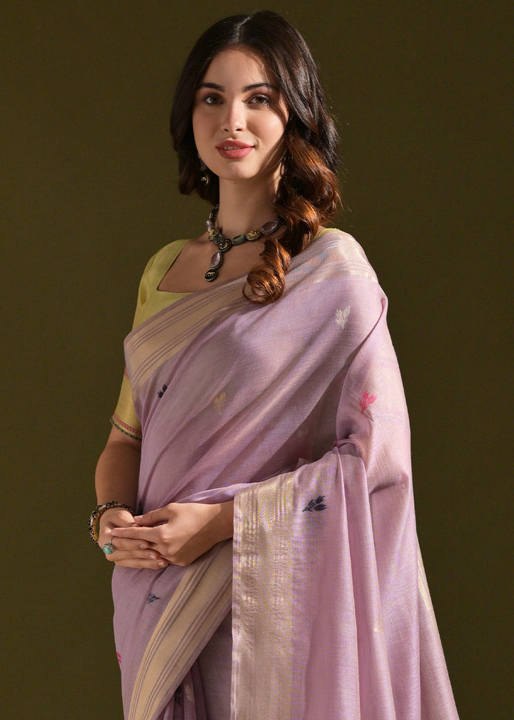 Lavender Purple Muga Cotton Saree with Floral Thread Woven Pallu & Butti Weaves