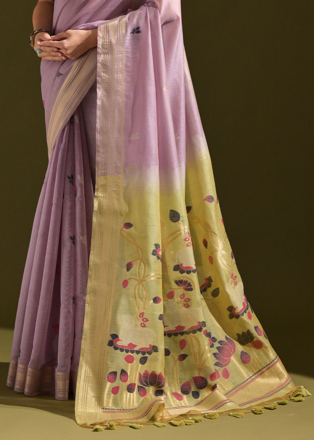 Lavender Purple Muga Cotton Saree with Floral Thread Woven Pallu & Butti Weaves