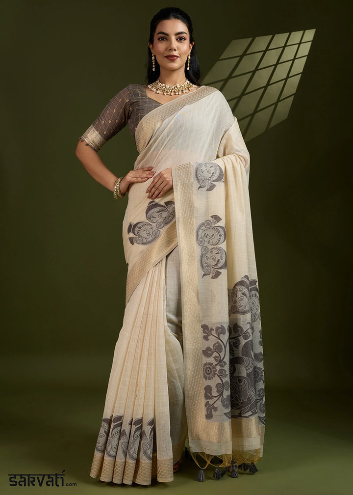 Cream White Muga Cotton Saree with Kalamkari Artwork on Border & Pallu