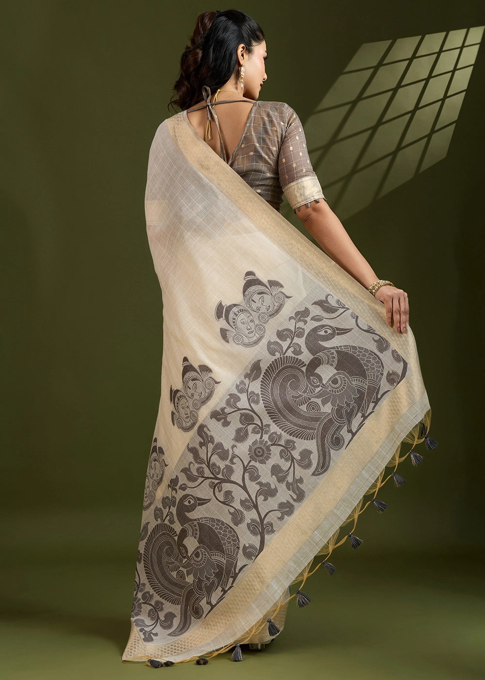 Cream White Muga Cotton Saree with Kalamkari Artwork on Border & Pallu