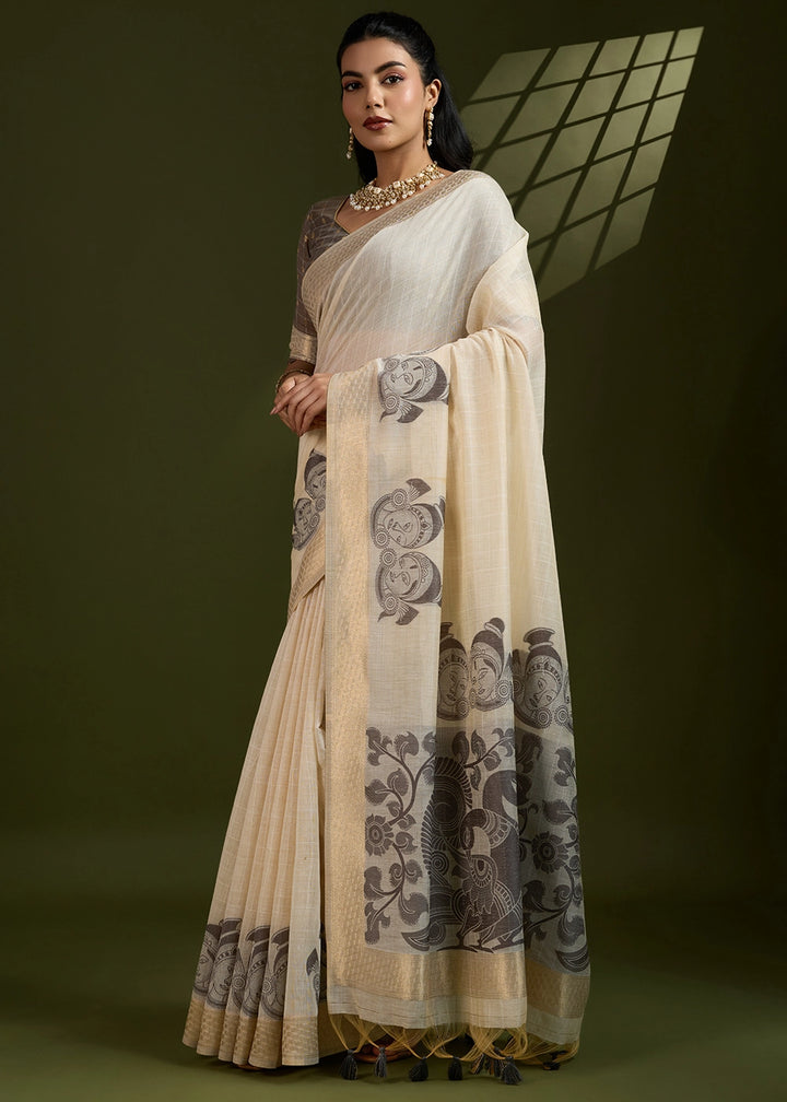 Cream White Muga Cotton Saree with Kalamkari Artwork on Border & Pallu