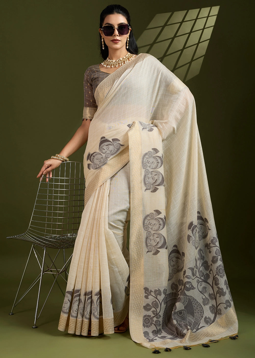 Cream White Muga Cotton Saree with Kalamkari Artwork on Border & Pallu
