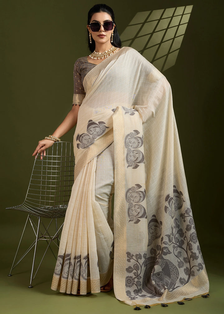 Cream White Muga Cotton Saree with Kalamkari Artwork on Border & Pallu