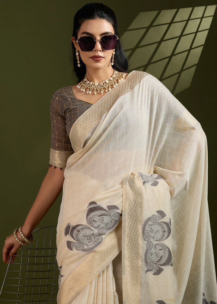 Cream White Muga Cotton Saree with Kalamkari Artwork on Border & Pallu