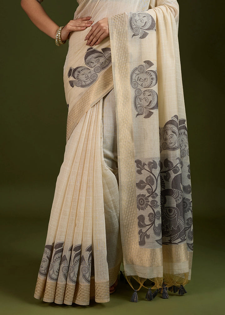 Cream White Muga Cotton Saree with Kalamkari Artwork on Border & Pallu