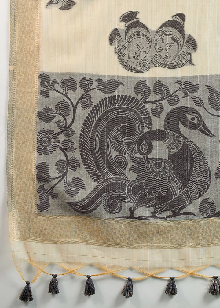 Cream White Muga Cotton Saree with Kalamkari Artwork on Border & Pallu