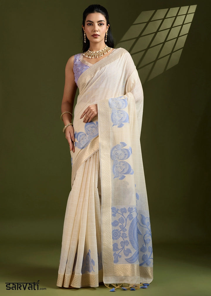 White & Blue Muga Cotton Saree with Kalamkari Artwork on Border & Pallu