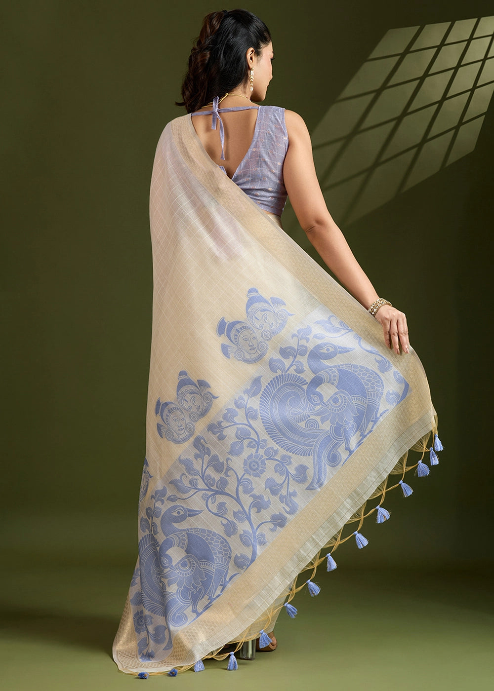 White & Blue Muga Cotton Saree with Kalamkari Artwork on Border & Pallu