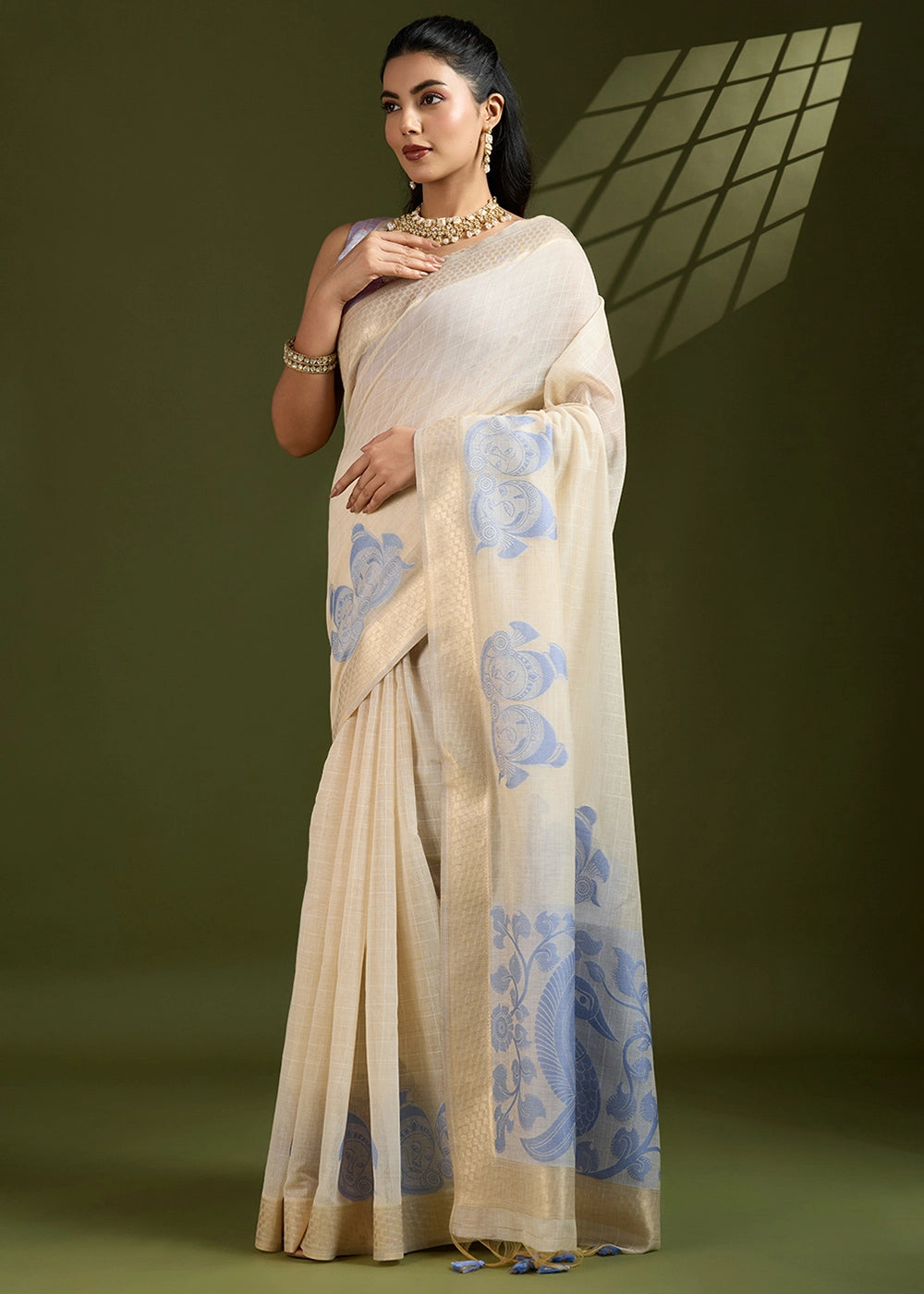 White & Blue Muga Cotton Saree with Kalamkari Artwork on Border & Pallu