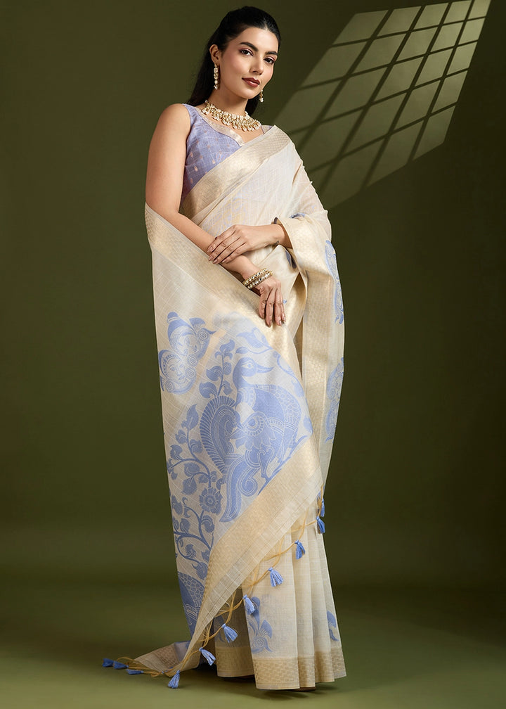 White & Blue Muga Cotton Saree with Kalamkari Artwork on Border & Pallu