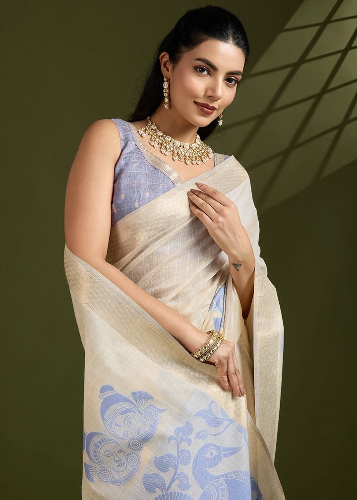 White & Blue Muga Cotton Saree with Kalamkari Artwork on Border & Pallu