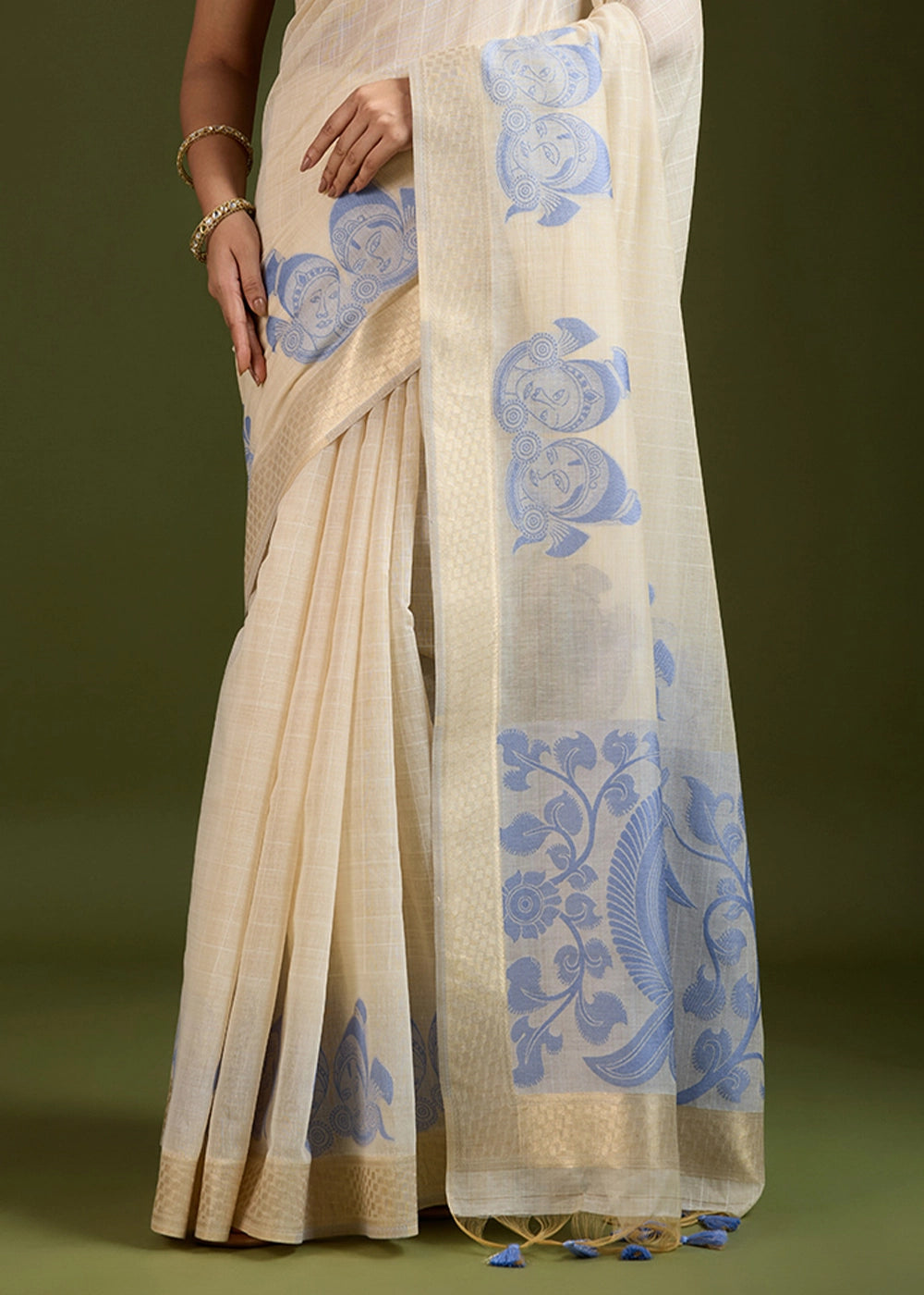 White & Blue Muga Cotton Saree with Kalamkari Artwork on Border & Pallu