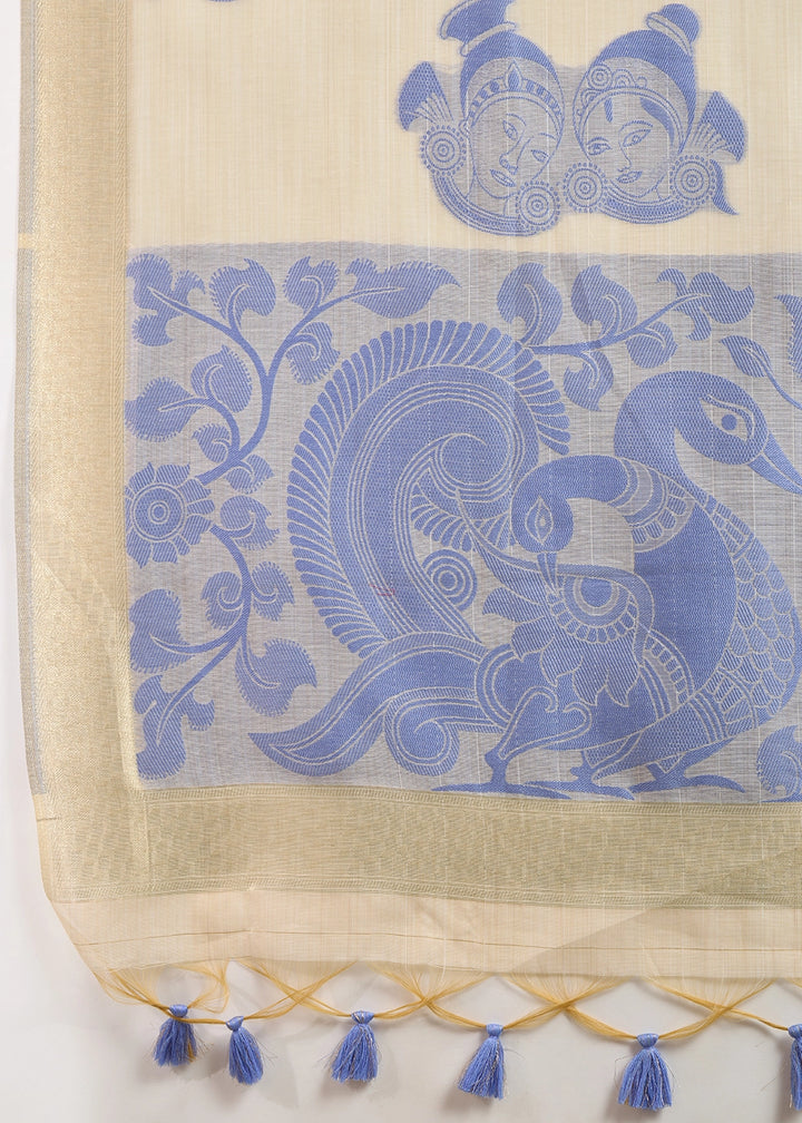 White & Blue Muga Cotton Saree with Kalamkari Artwork on Border & Pallu