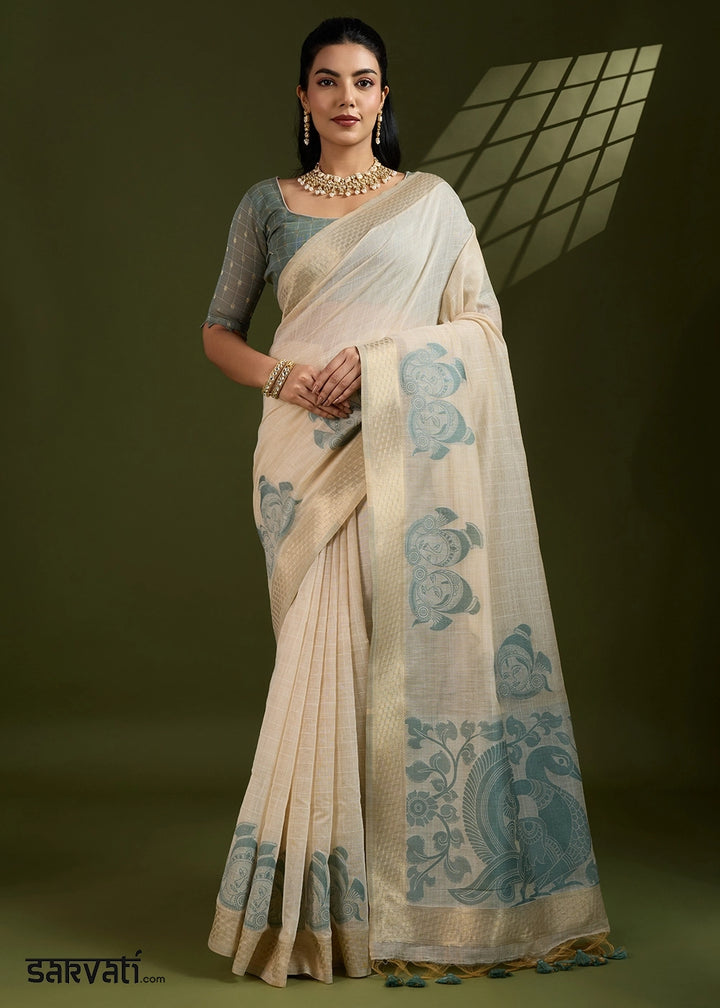 White & Green Muga Cotton Saree with Kalamkari Artwork on Border & Pallu