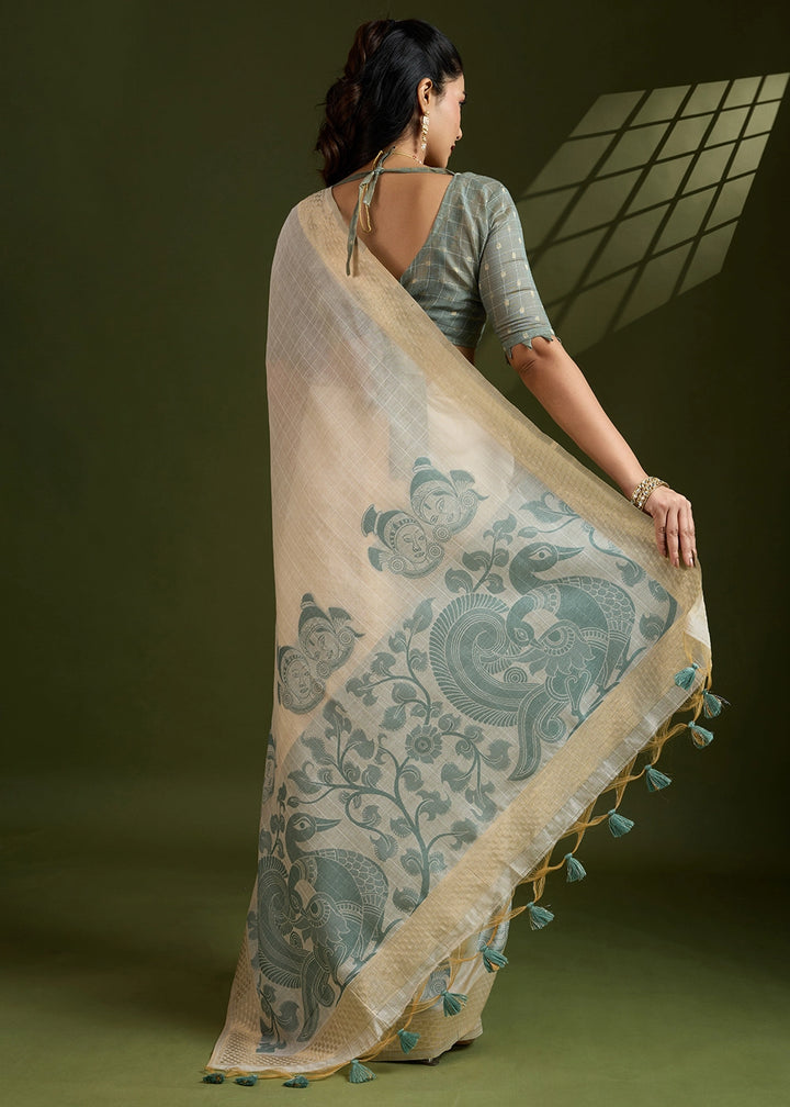 White & Green Muga Cotton Saree with Kalamkari Artwork on Border & Pallu