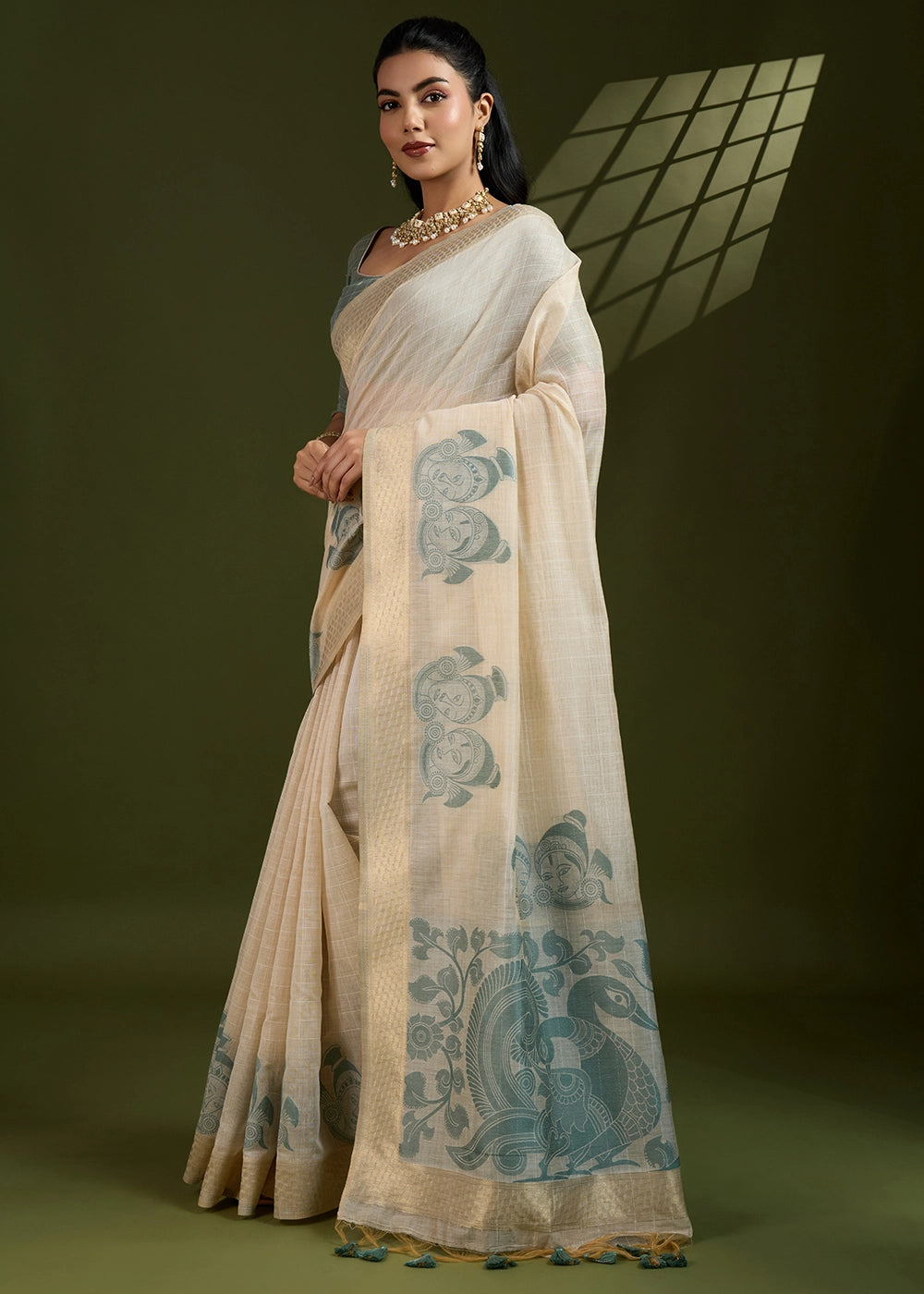 White & Green Muga Cotton Saree with Kalamkari Artwork on Border & Pallu