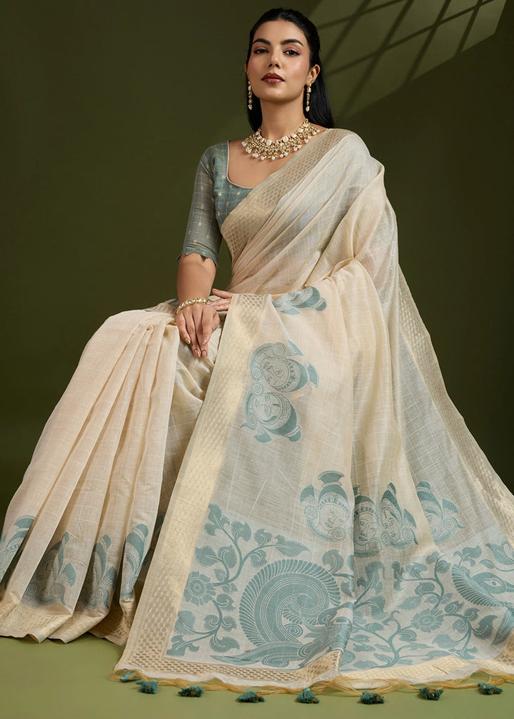 White & Green Muga Cotton Saree with Kalamkari Artwork on Border & Pallu