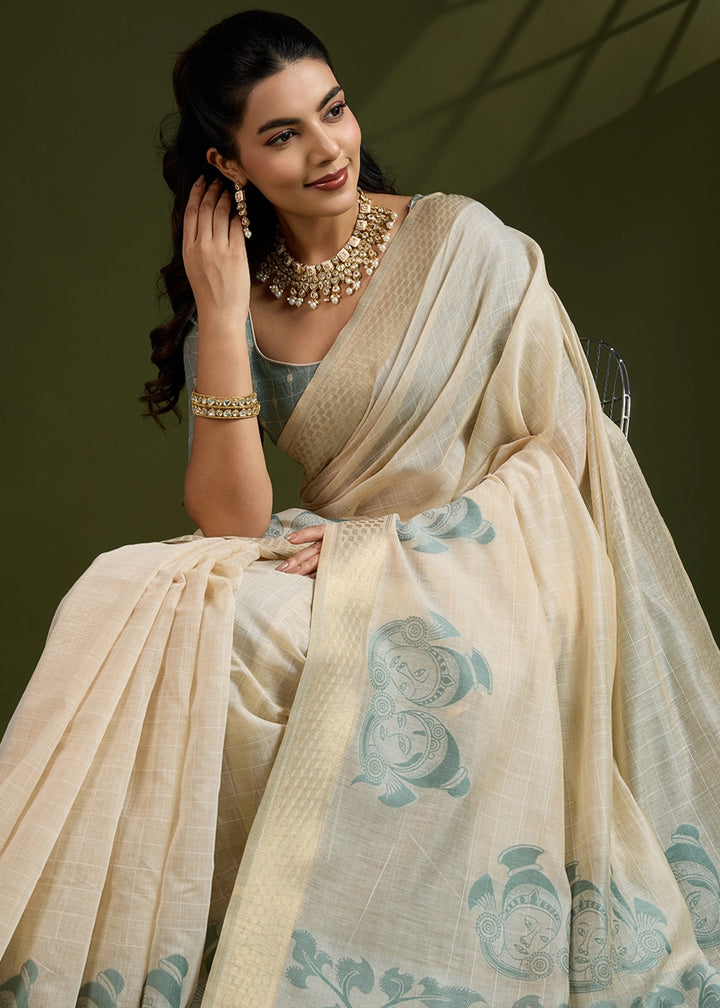 White & Green Muga Cotton Saree with Kalamkari Artwork on Border & Pallu