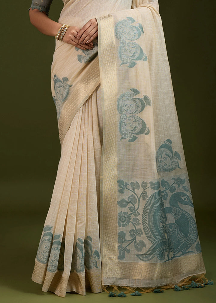 White & Green Muga Cotton Saree with Kalamkari Artwork on Border & Pallu