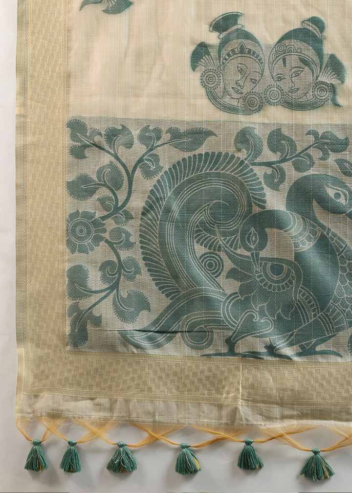 White & Green Muga Cotton Saree with Kalamkari Artwork on Border & Pallu