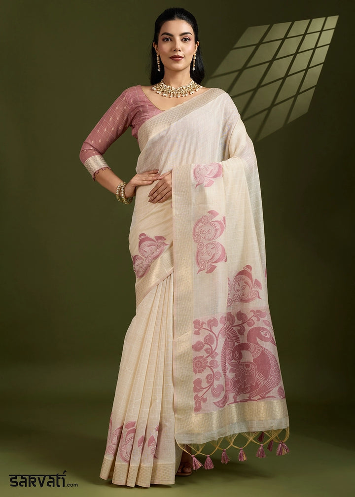 White & Purple Muga Cotton Saree with Kalamkari Artwork on Border & Pallu