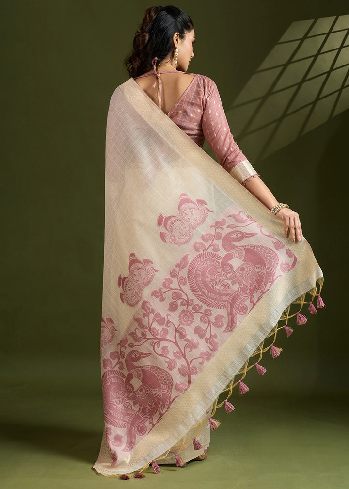 White & Purple Muga Cotton Saree with Kalamkari Artwork on Border & Pallu