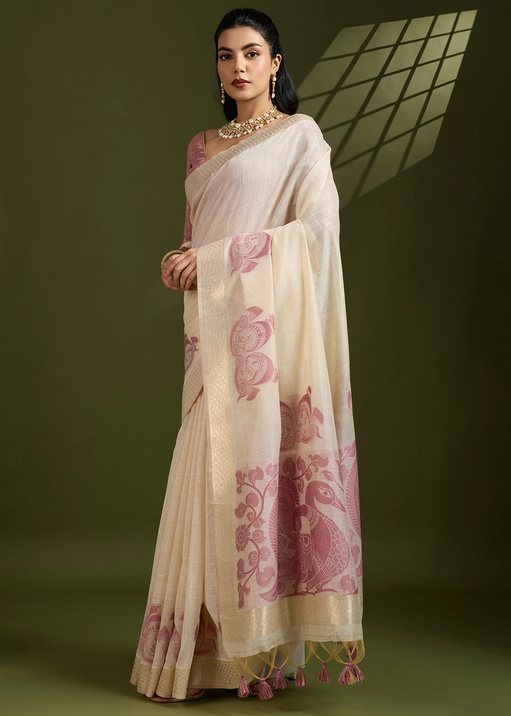 White & Purple Muga Cotton Saree with Kalamkari Artwork on Border & Pallu