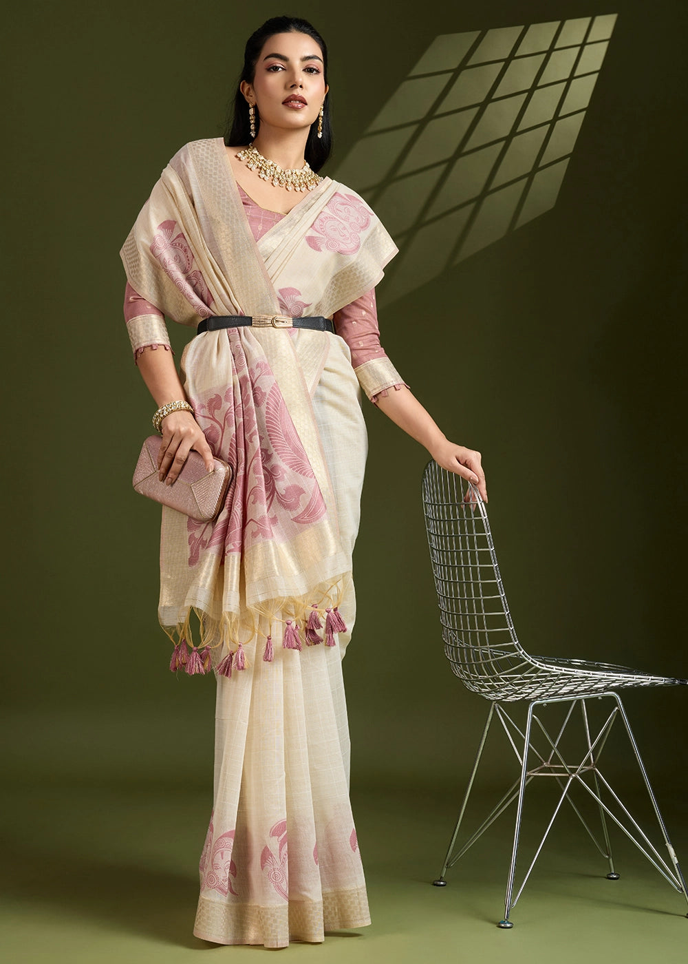 White & Purple Muga Cotton Saree with Kalamkari Artwork on Border & Pallu