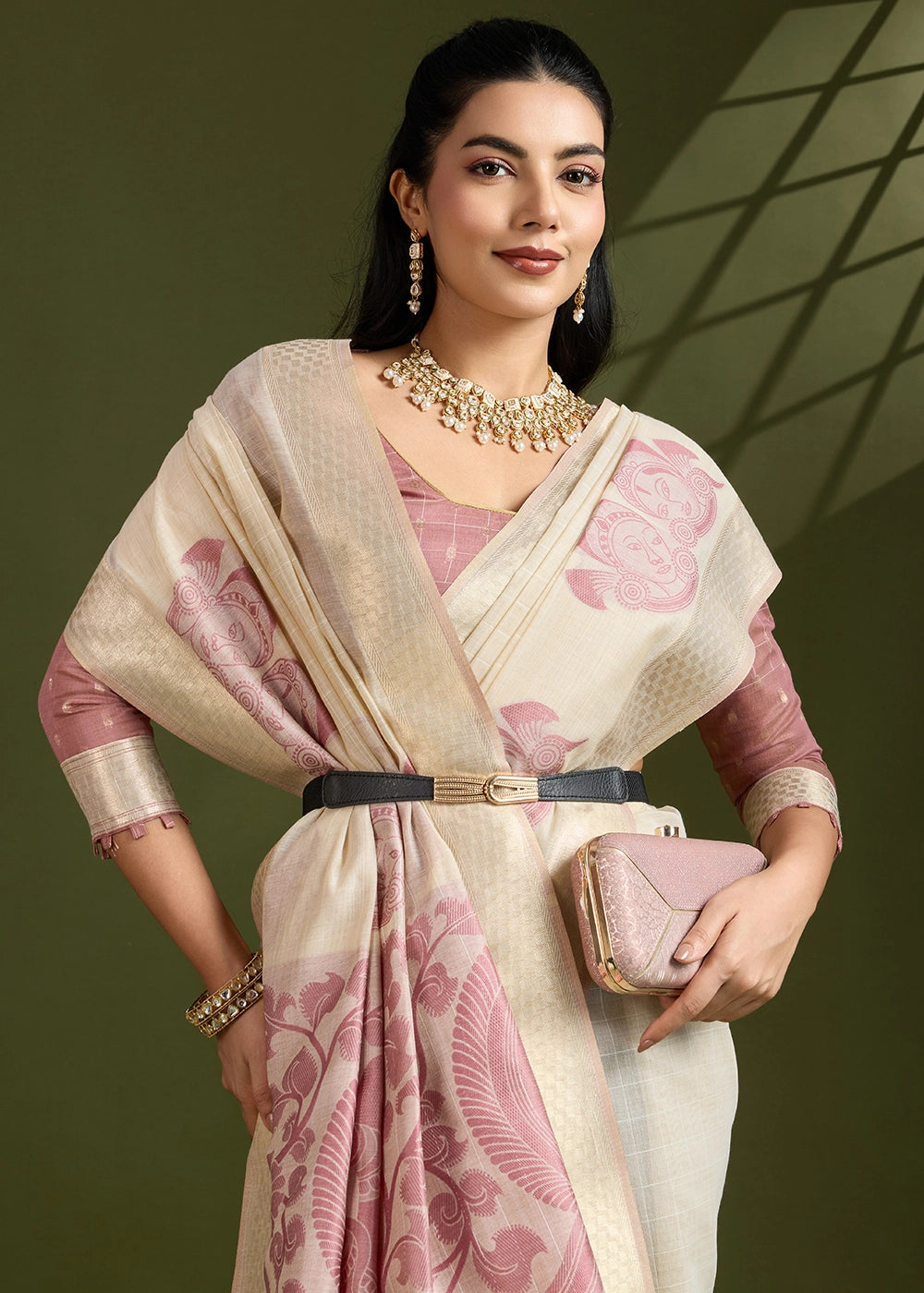 White & Purple Muga Cotton Saree with Kalamkari Artwork on Border & Pallu