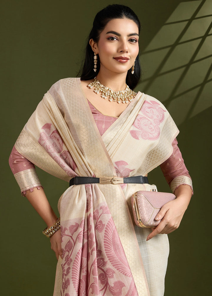 White & Purple Muga Cotton Saree with Kalamkari Artwork on Border & Pallu