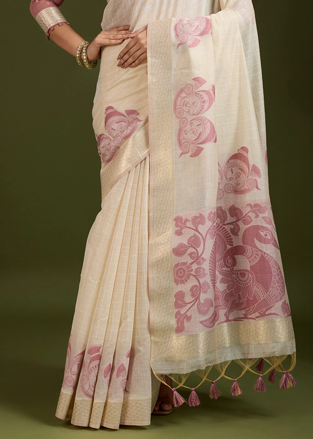 White & Purple Muga Cotton Saree with Kalamkari Artwork on Border & Pallu