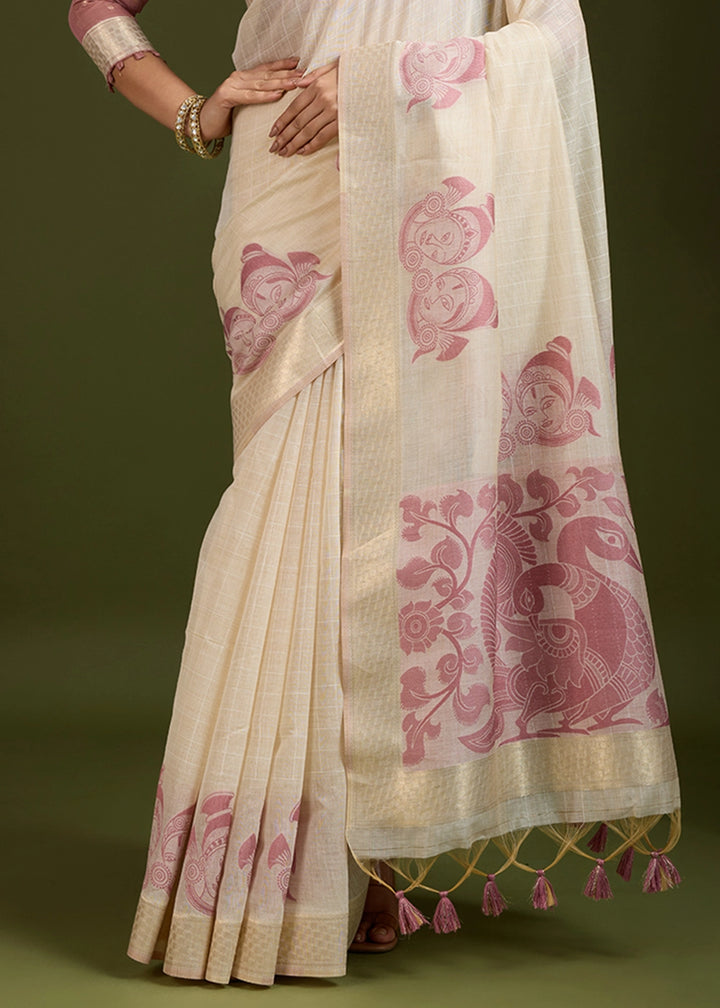White & Purple Muga Cotton Saree with Kalamkari Artwork on Border & Pallu