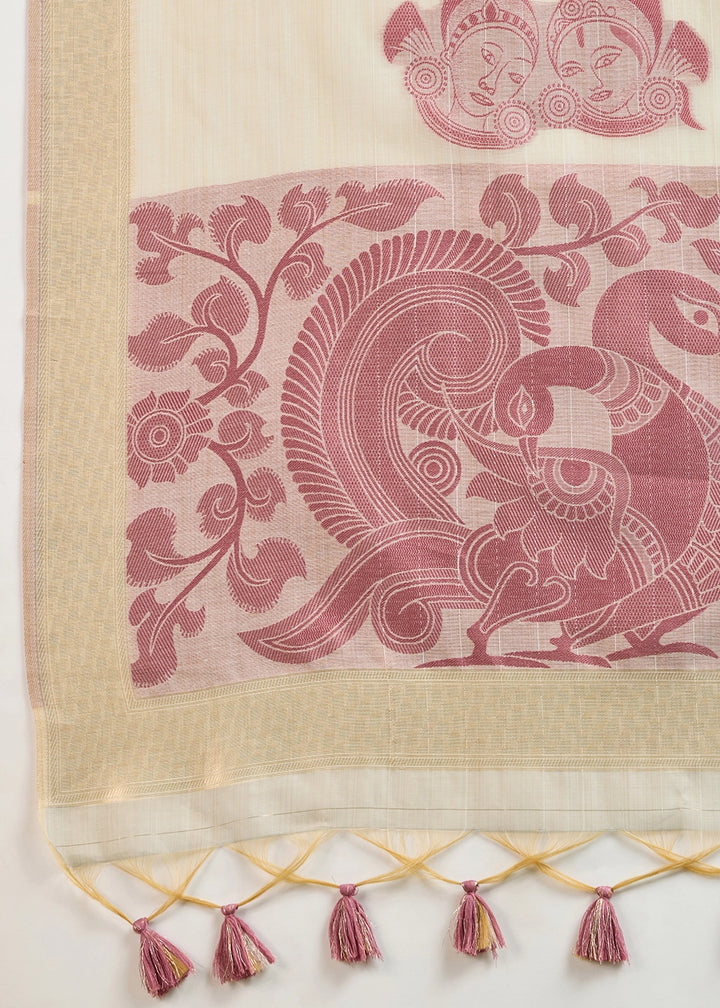 White & Purple Muga Cotton Saree with Kalamkari Artwork on Border & Pallu
