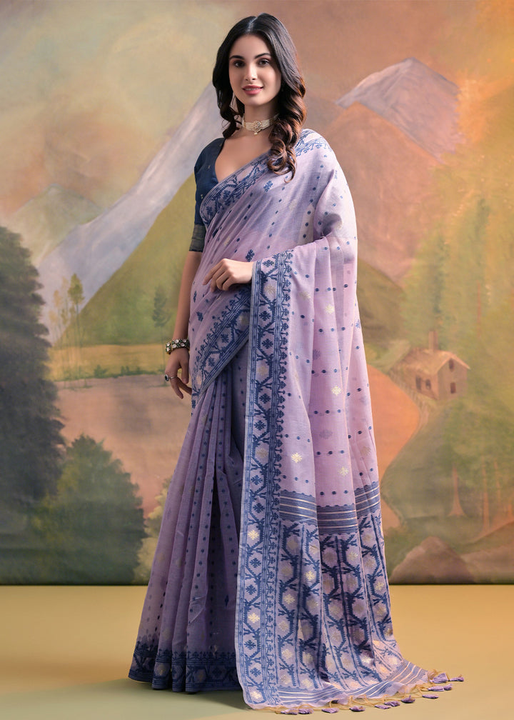 Lilac Purple Handcrafted Muga Cotton Saree with All-Over Butti Thread Weaving