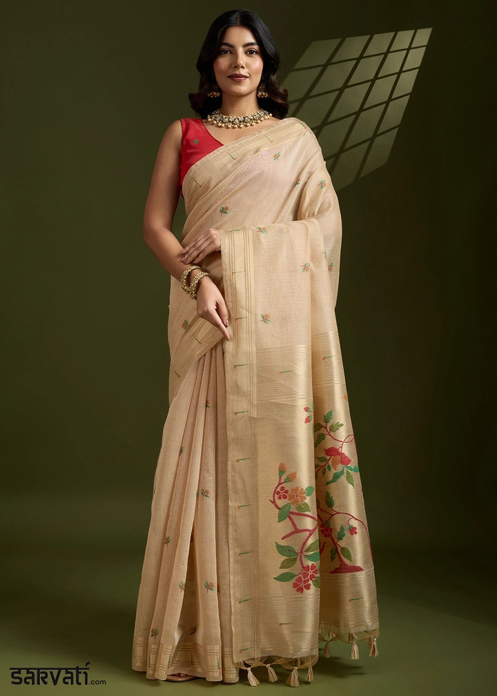 Beige Brown Muga Cotton Saree Adorned with Woven Zari Paithani Pallu