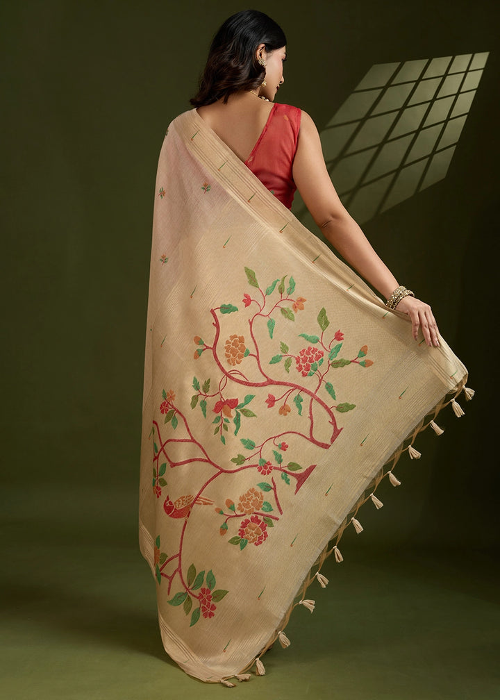 Beige Brown Muga Cotton Saree Adorned with Woven Zari Paithani Pallu