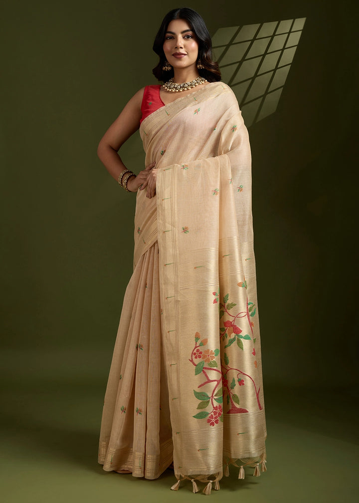 Beige Brown Muga Cotton Saree Adorned with Woven Zari Paithani Pallu