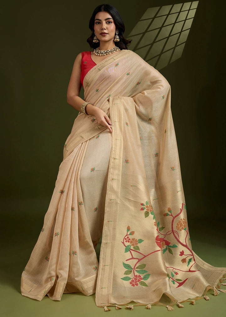 Beige Brown Muga Cotton Saree Adorned with Woven Zari Paithani Pallu