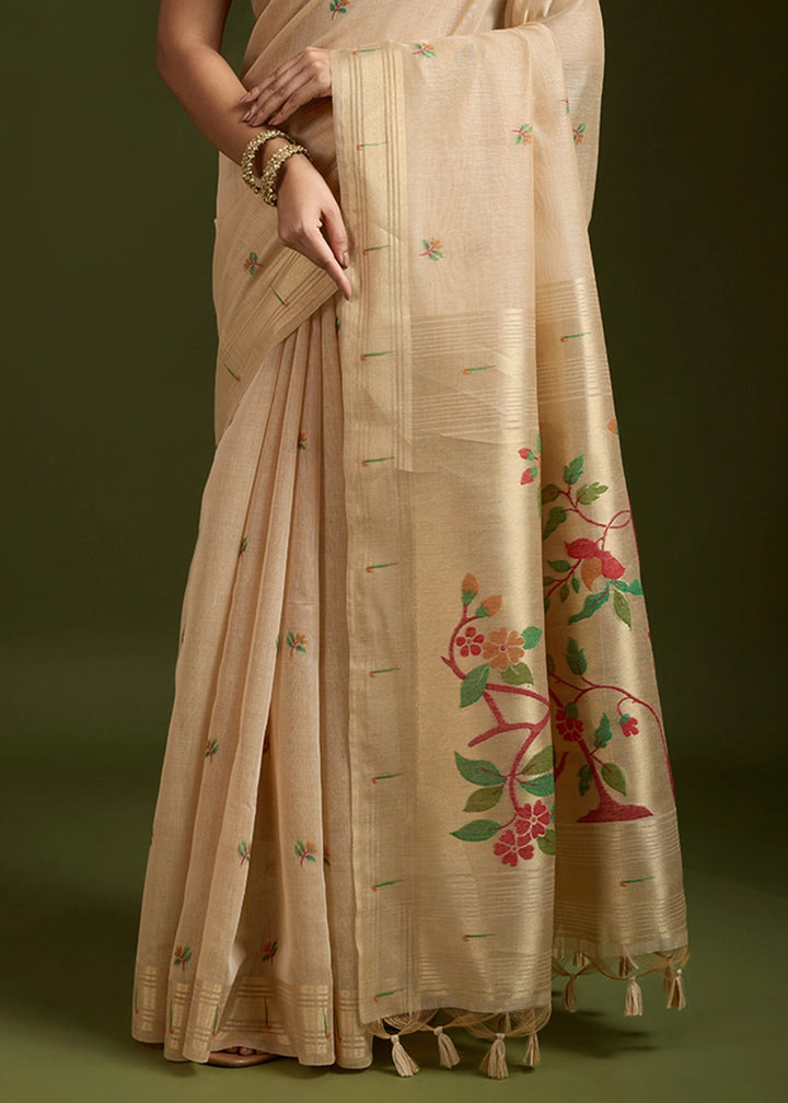 Beige Brown Muga Cotton Saree Adorned with Woven Zari Paithani Pallu