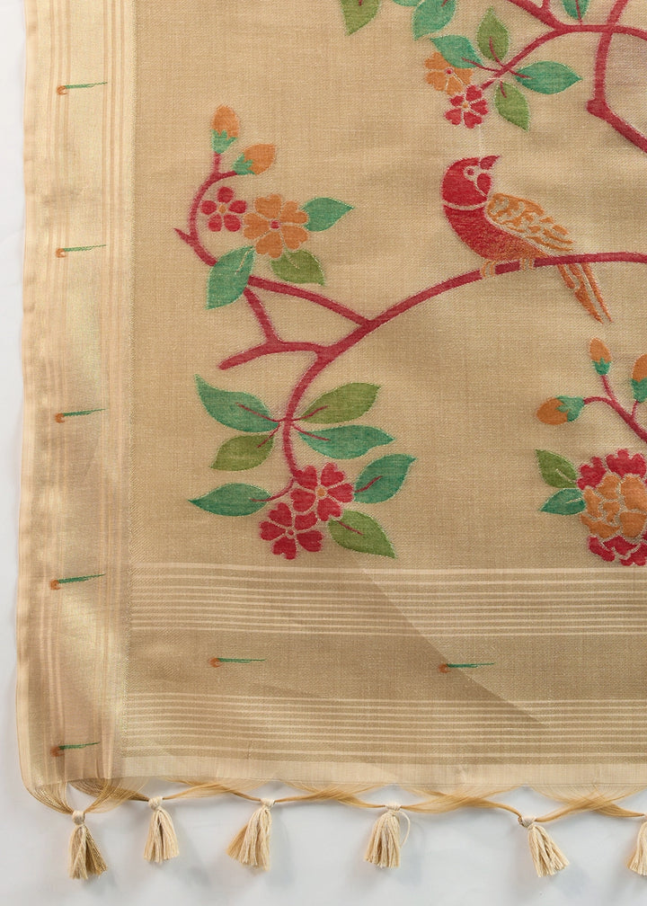 Beige Brown Muga Cotton Saree Adorned with Woven Zari Paithani Pallu