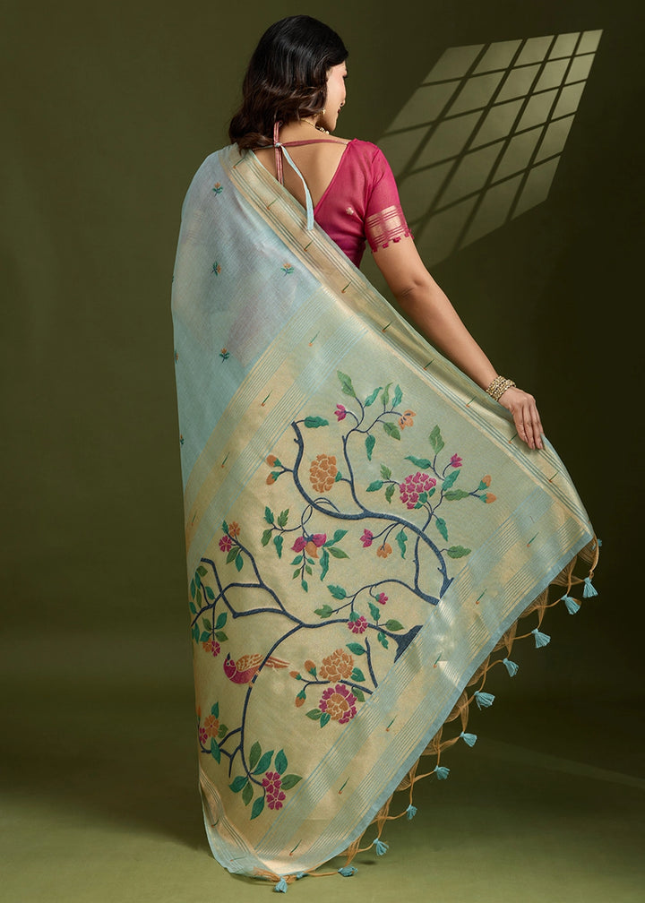 Light Blue Muga Cotton Saree Adorned with Woven Zari Paithani Pallu