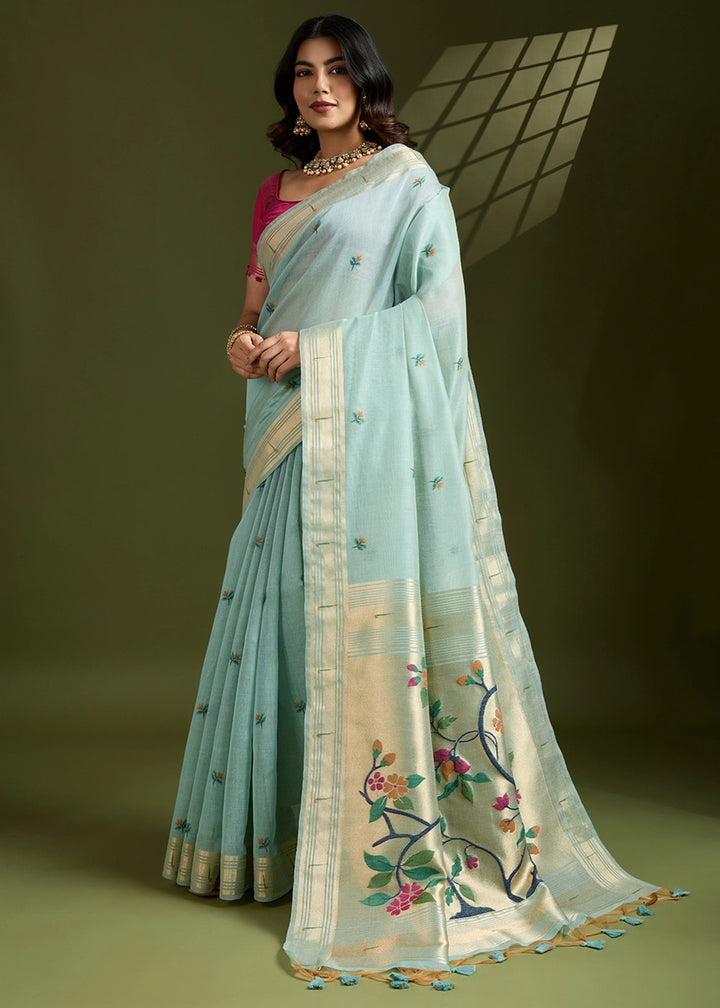 Light Blue Muga Cotton Saree Adorned with Woven Zari Paithani Pallu