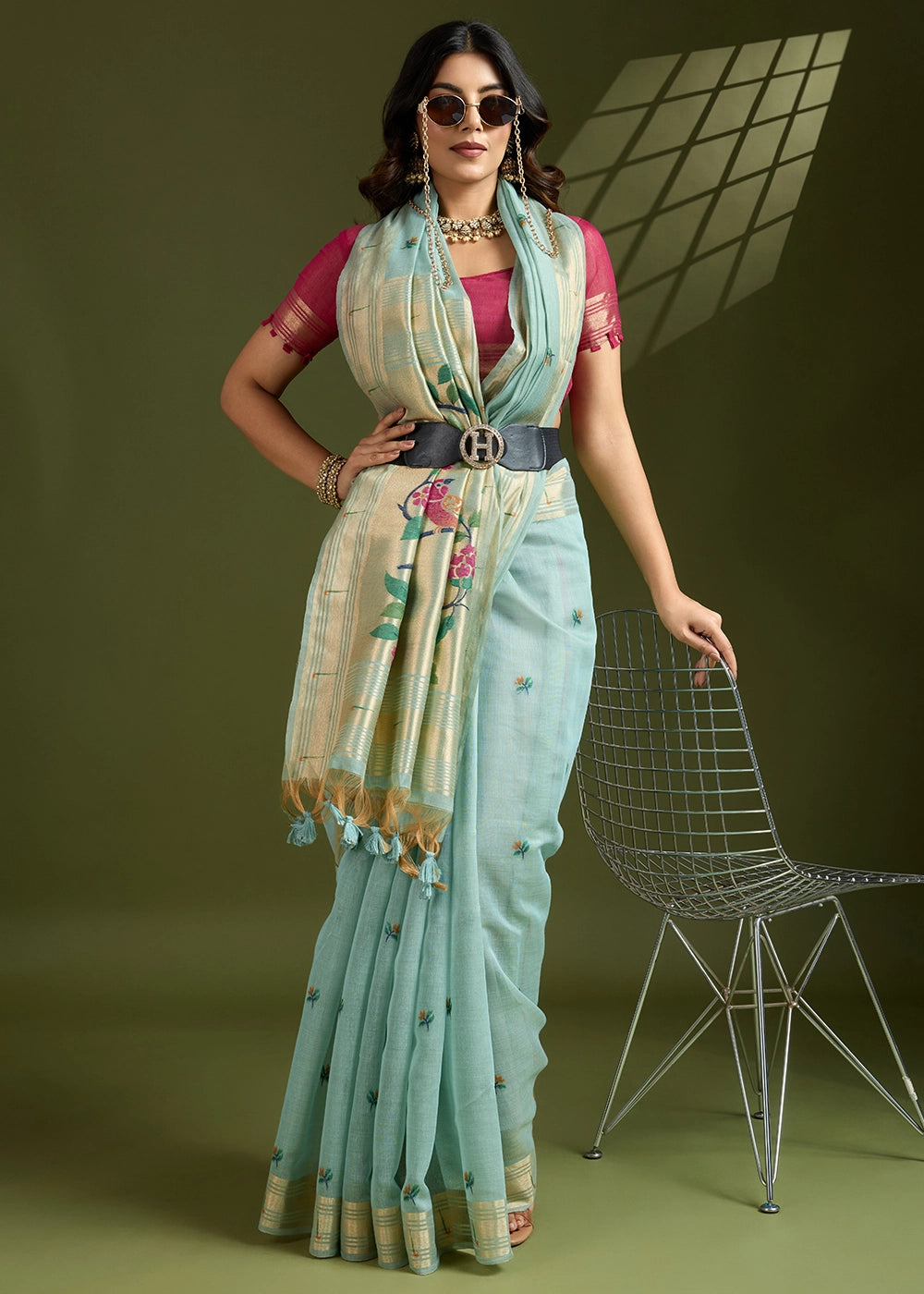 Light Blue Muga Cotton Saree Adorned with Woven Zari Paithani Pallu